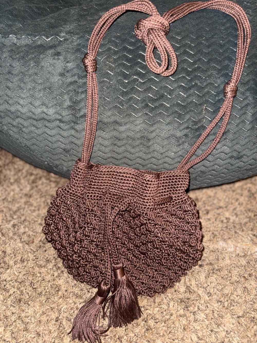 The Sak Brown Handcrafted Crochet Crossbody Bag with Tassels